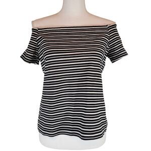 Ann Taylor Women’s Top Blouse Shirt Black White Stripe Large Off Shoulder